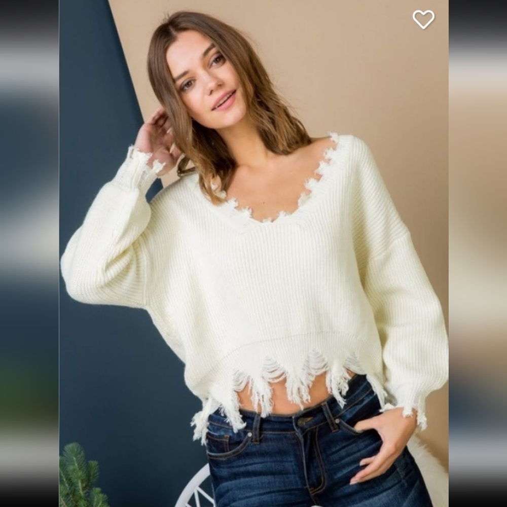 RAW EDGE KNIT SWEATER "CREAM".